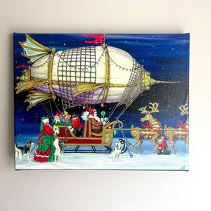 Steampunk Christmas 14 x 11 Santa Mrs Clause Huskies Elves Reindeer & Balloon